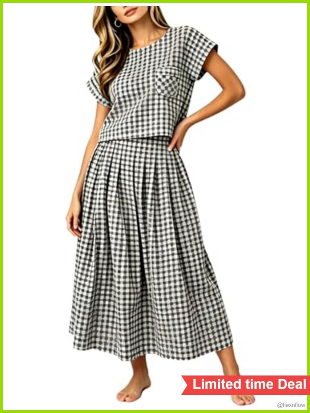Plaid Two Piece Skirt Set Cropped Top Pleated Maxi Pockets Summer